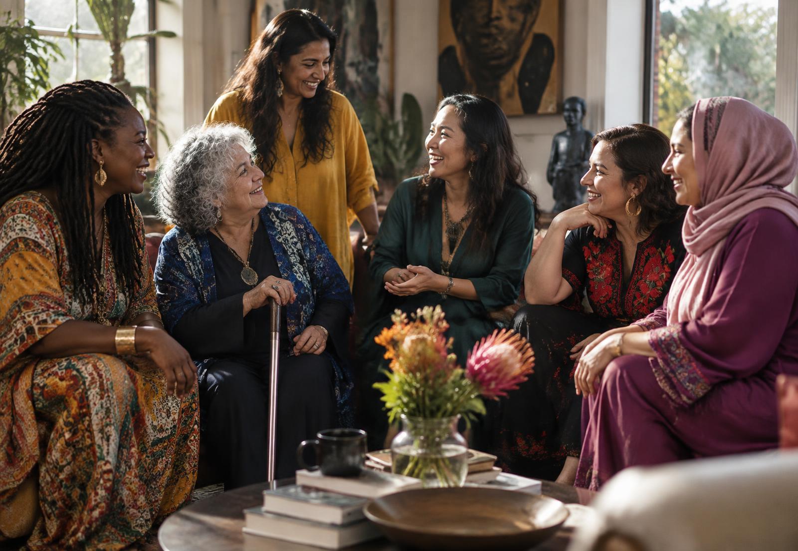 Inclusive multigenerational women sharing conversation in a sunlit room; editorial concept, not actual members
