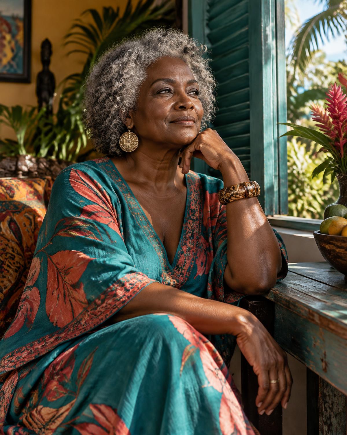 Mature Black woman seated by an open window in quiet reflection; editorial concept