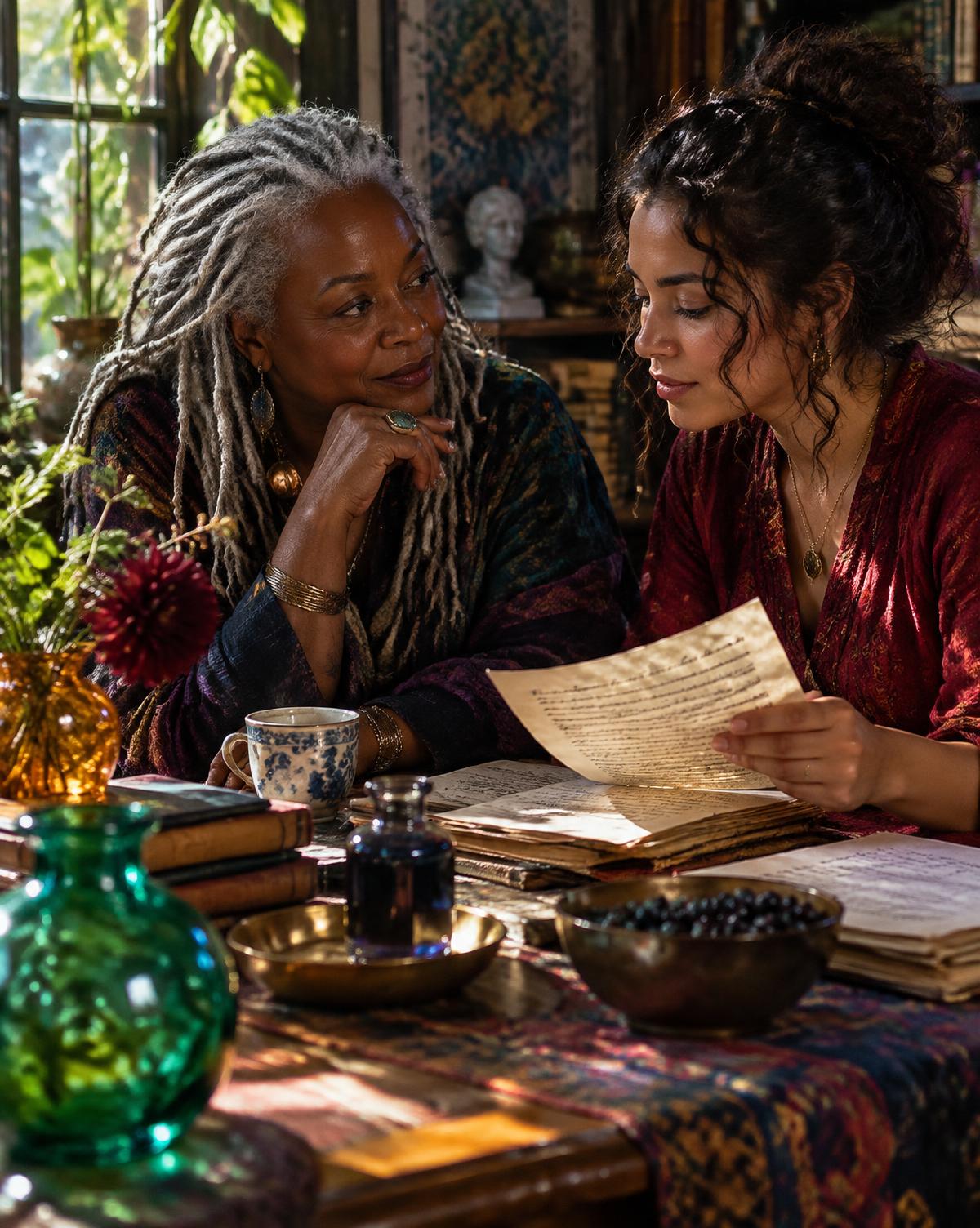Two women from different generations reflecting over handwritten pages; editorial concept